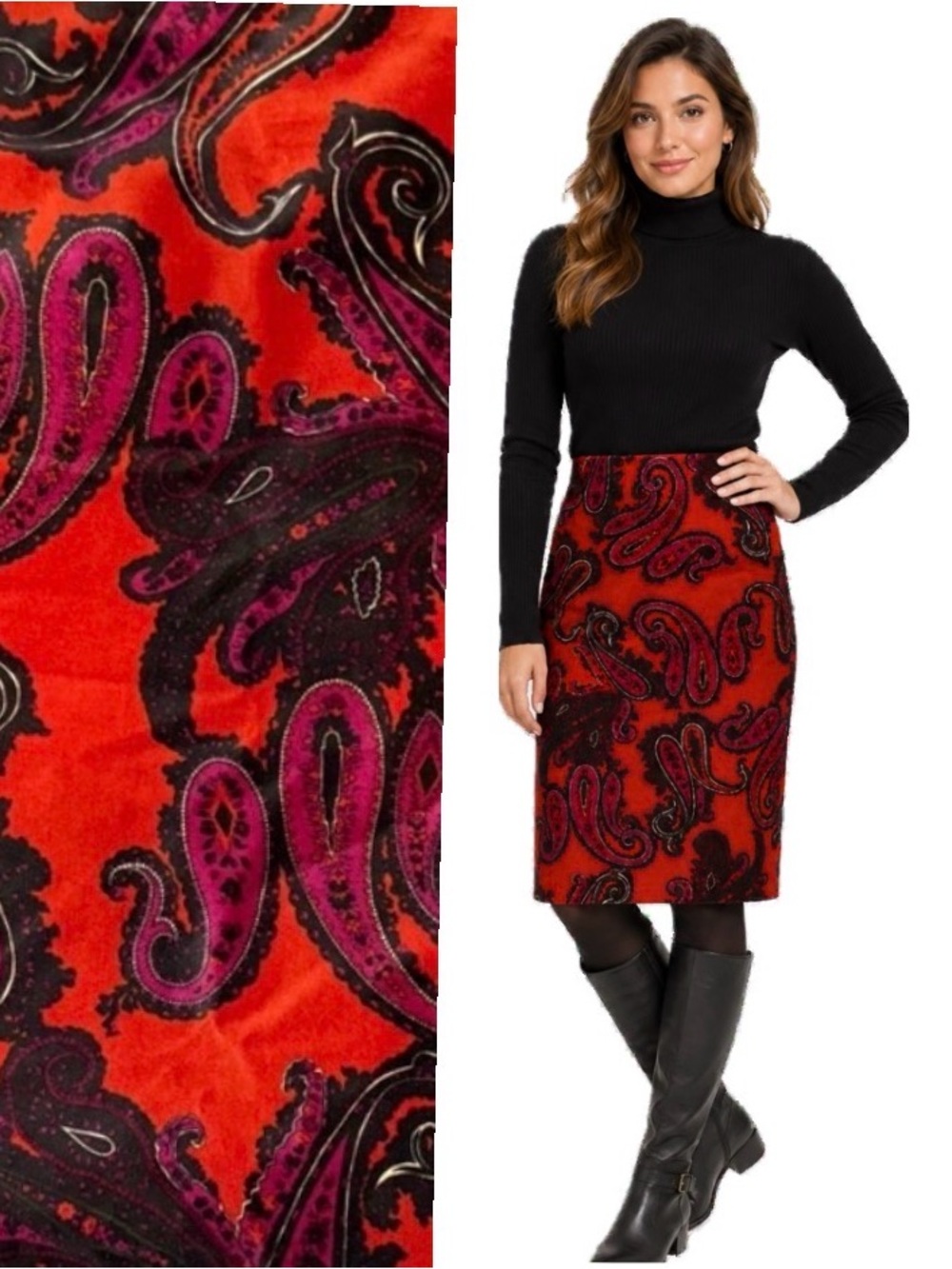 Talbots, Paisley 100% cotton Red velvet Pencil Skirt, Size 18